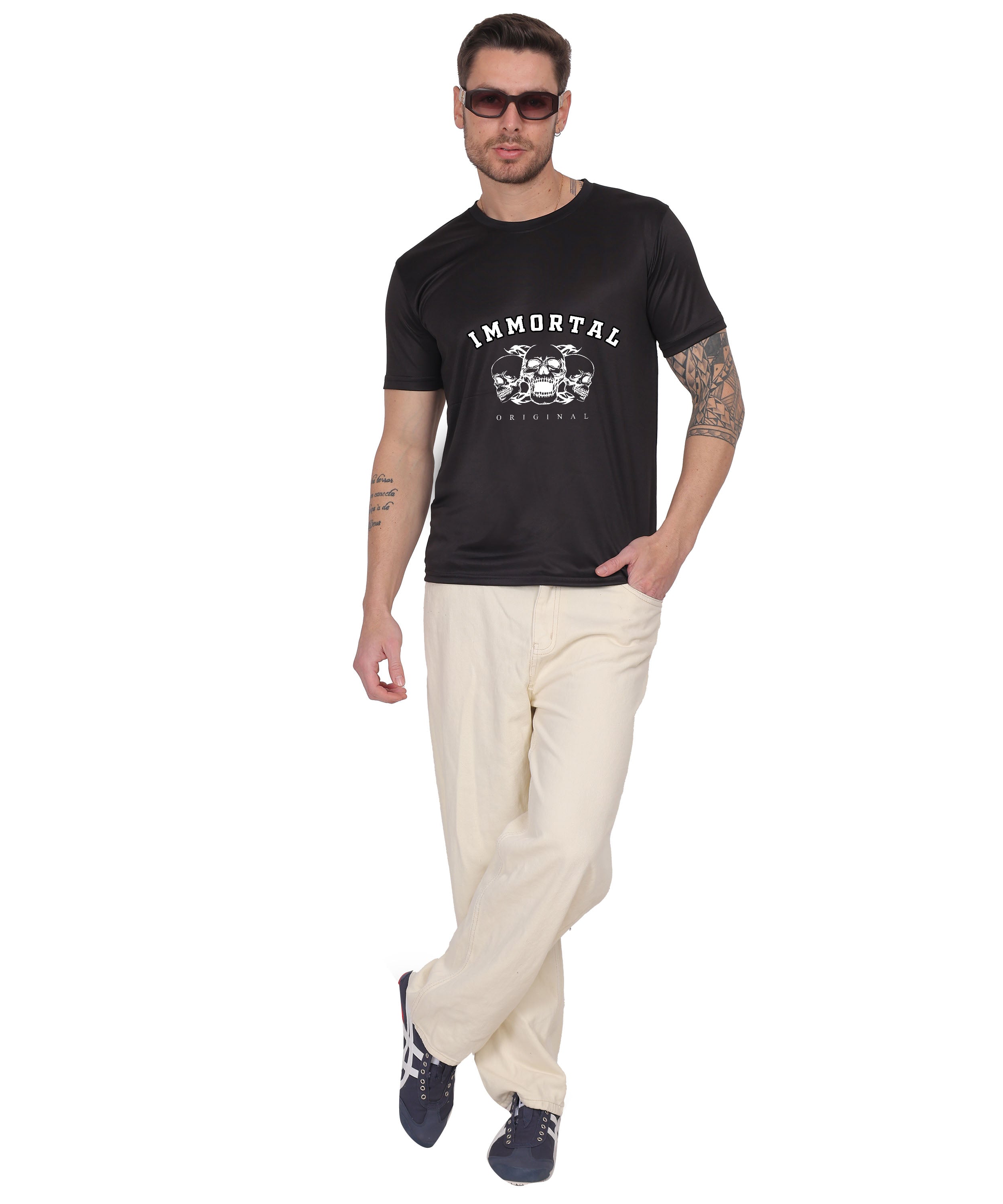 IMMORTAL' skull  Print Cotton T-Shirt, Short Sleeve, Crew Neck, Casual Wear