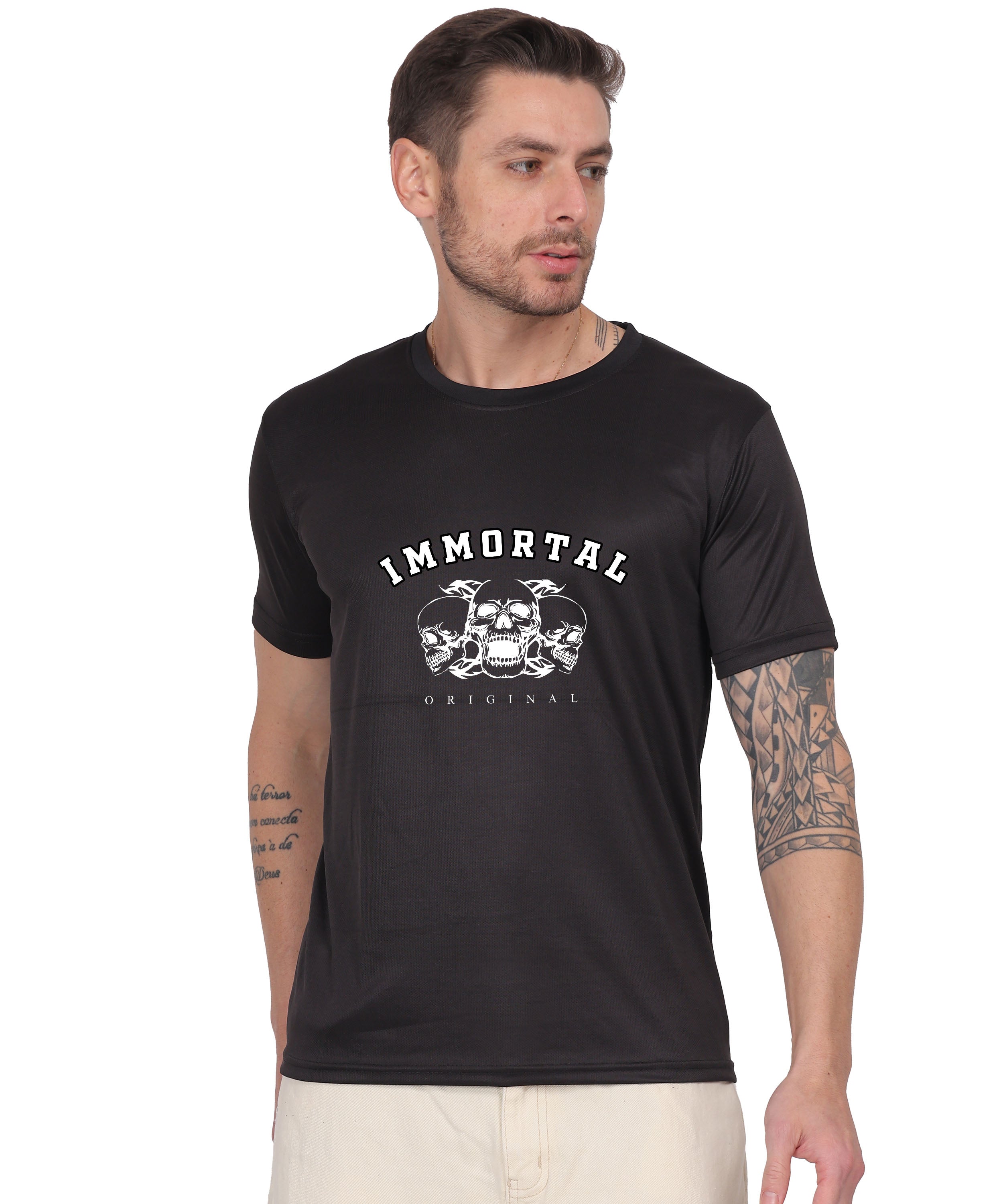 IMMORTAL' skull  Print Cotton T-Shirt, Short Sleeve, Crew Neck, Casual Wear