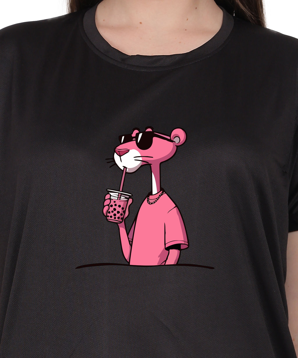 Cool Pink Panther Graphic T-Shirt, Black Cotton, Casual Round Neck