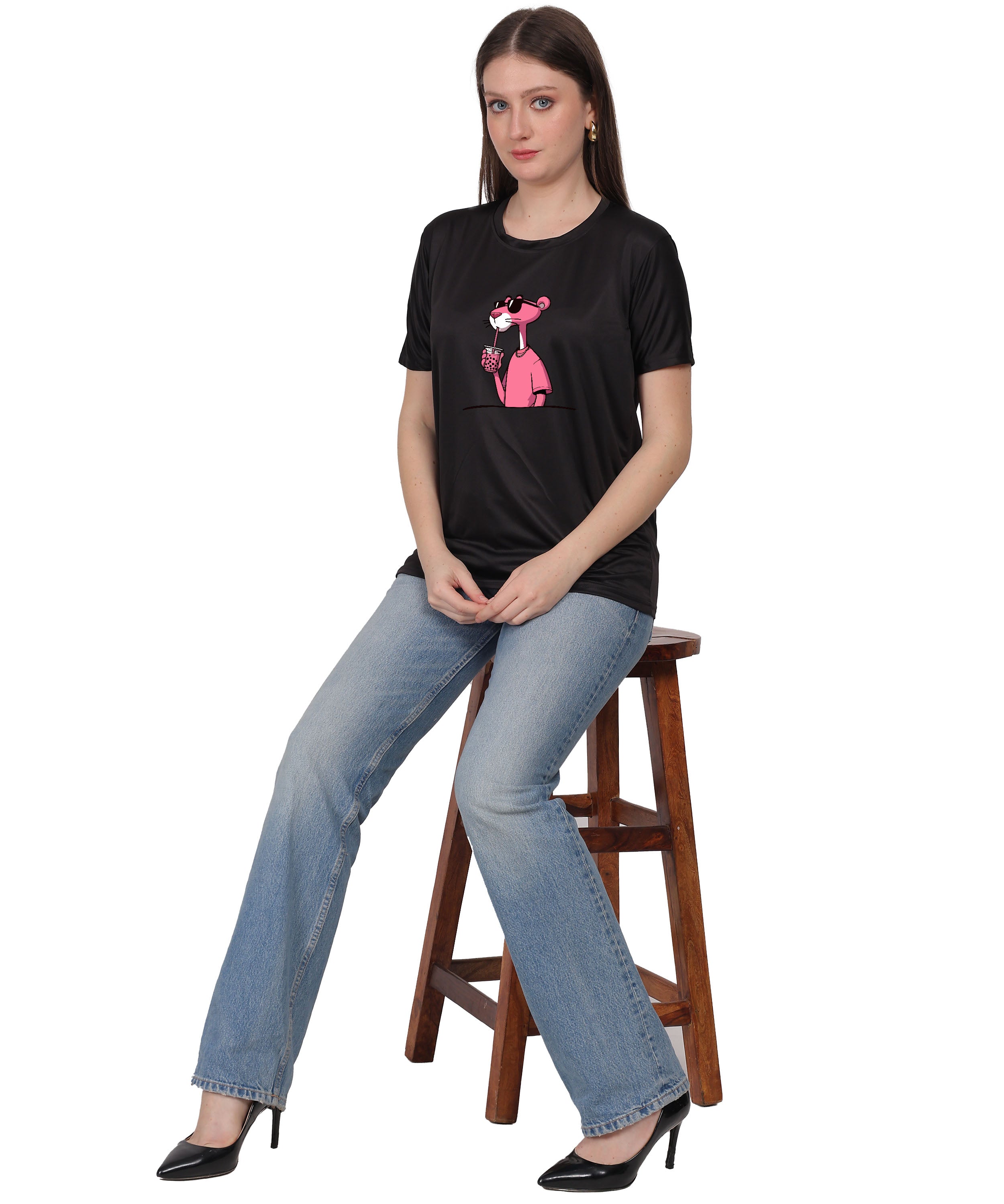 Cool Pink Panther Graphic T-Shirt, Black Cotton, Casual Round Neck
