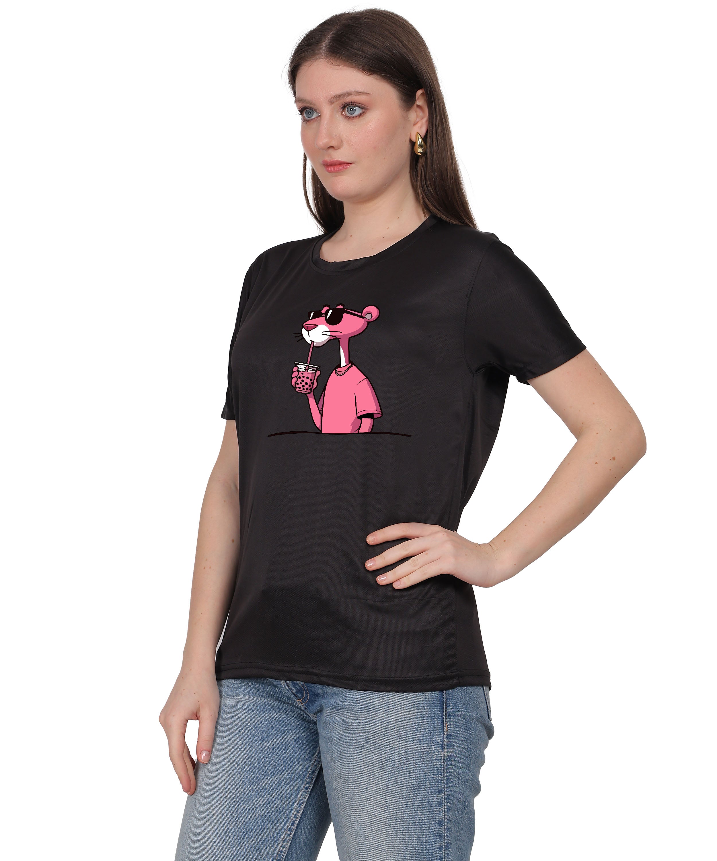 Cool Pink Panther Graphic T-Shirt, Black Cotton, Casual Round Neck