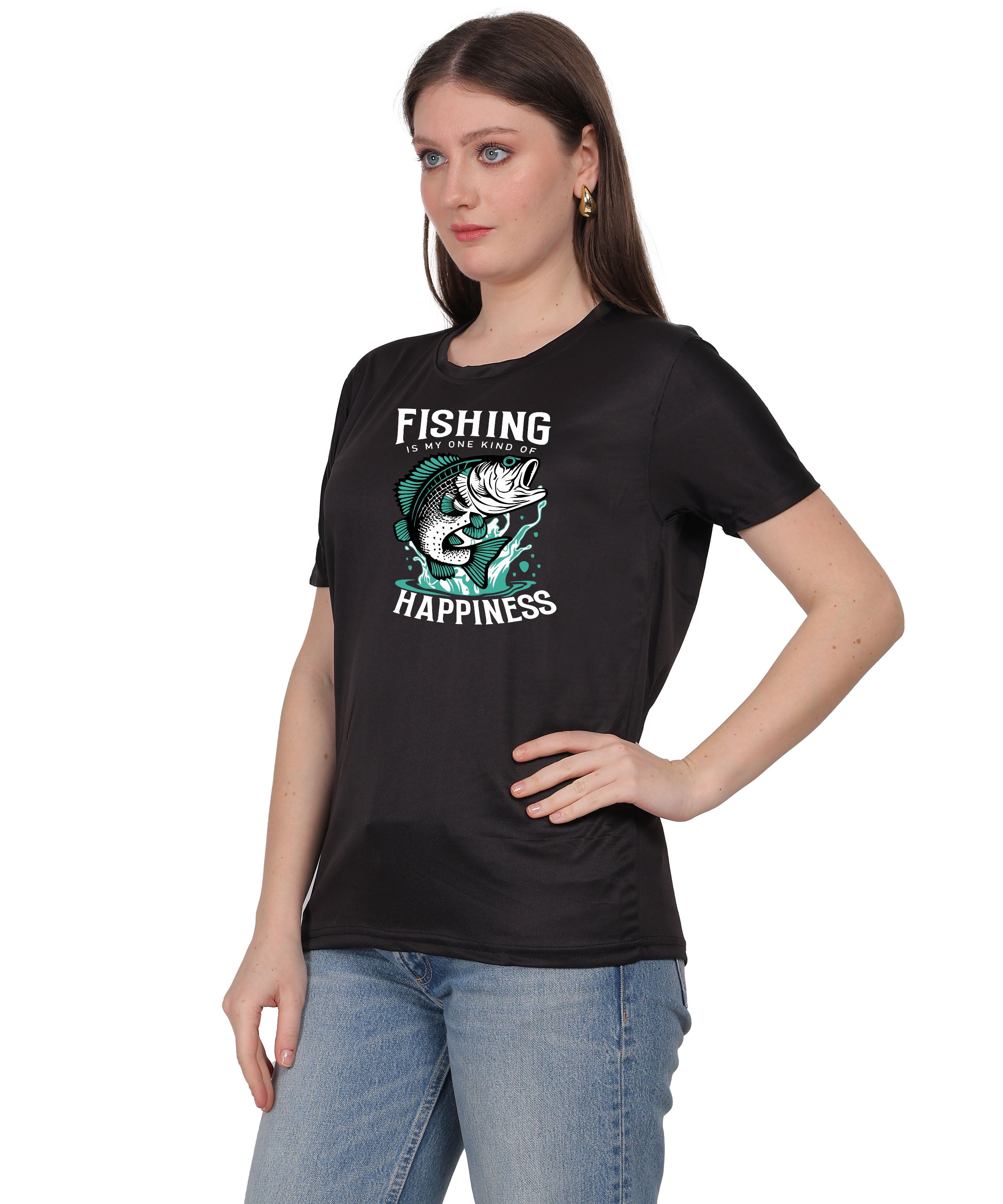 Generic Fishing Happiness Graphic T-Shirt, Black Cotton, Short Sleeve, Regular Fit, Crew Neck
