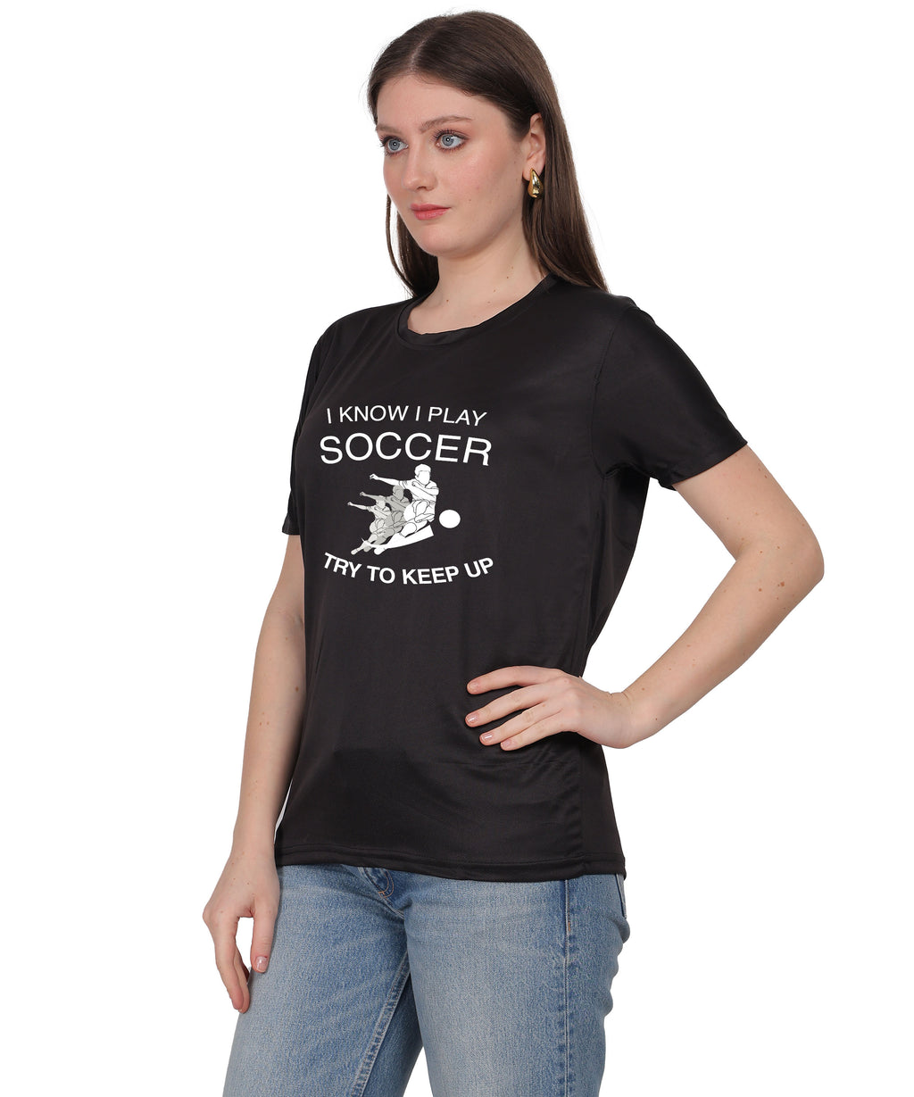 Soccer Graphic T-Shirt, I Know I Play Soccer Try to Keep Up Design, Red, Short Sleeve
