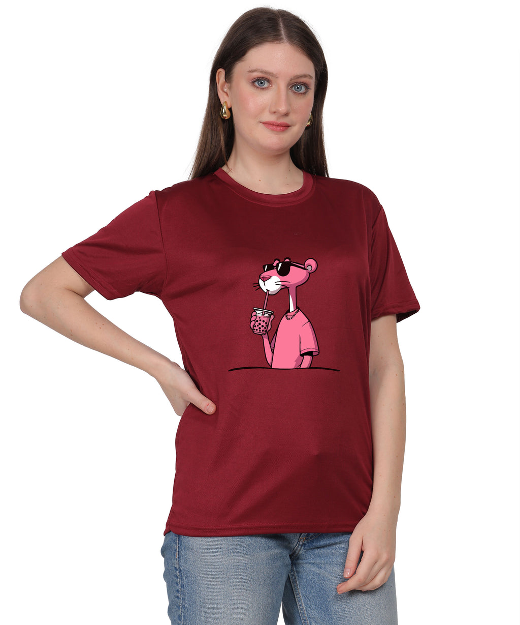 Cool Pink Panther Graphic T-Shirt, Black Cotton, Casual Round Neck