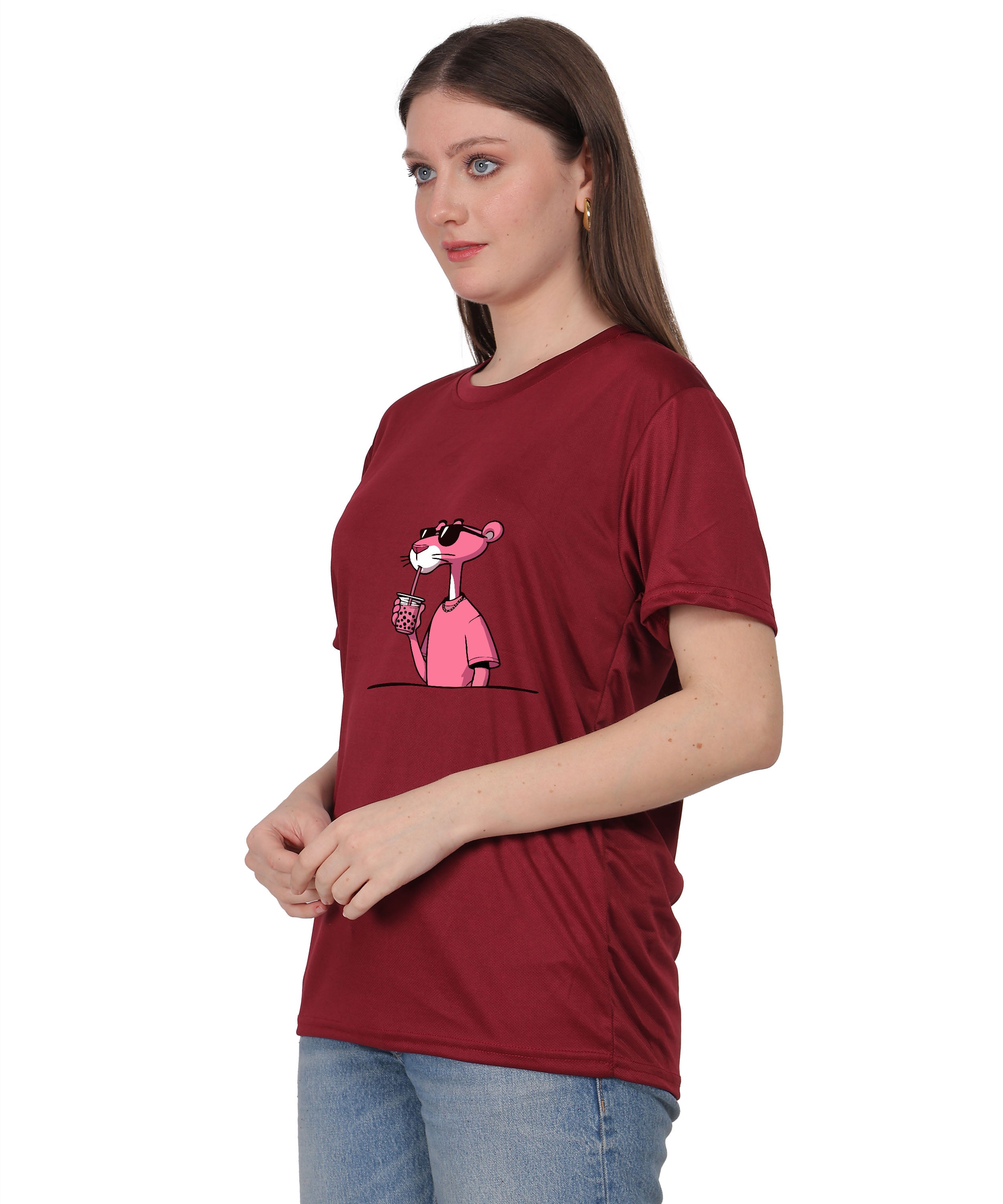 Cool Pink Panther Graphic T-Shirt, Black Cotton, Casual Round Neck