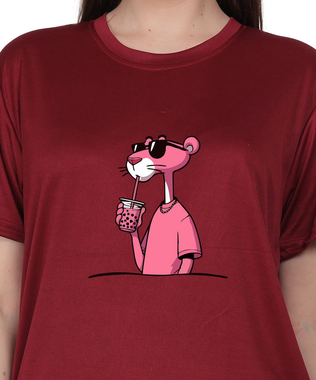 Cool Pink Panther Graphic T-Shirt, Black Cotton, Casual Round Neck