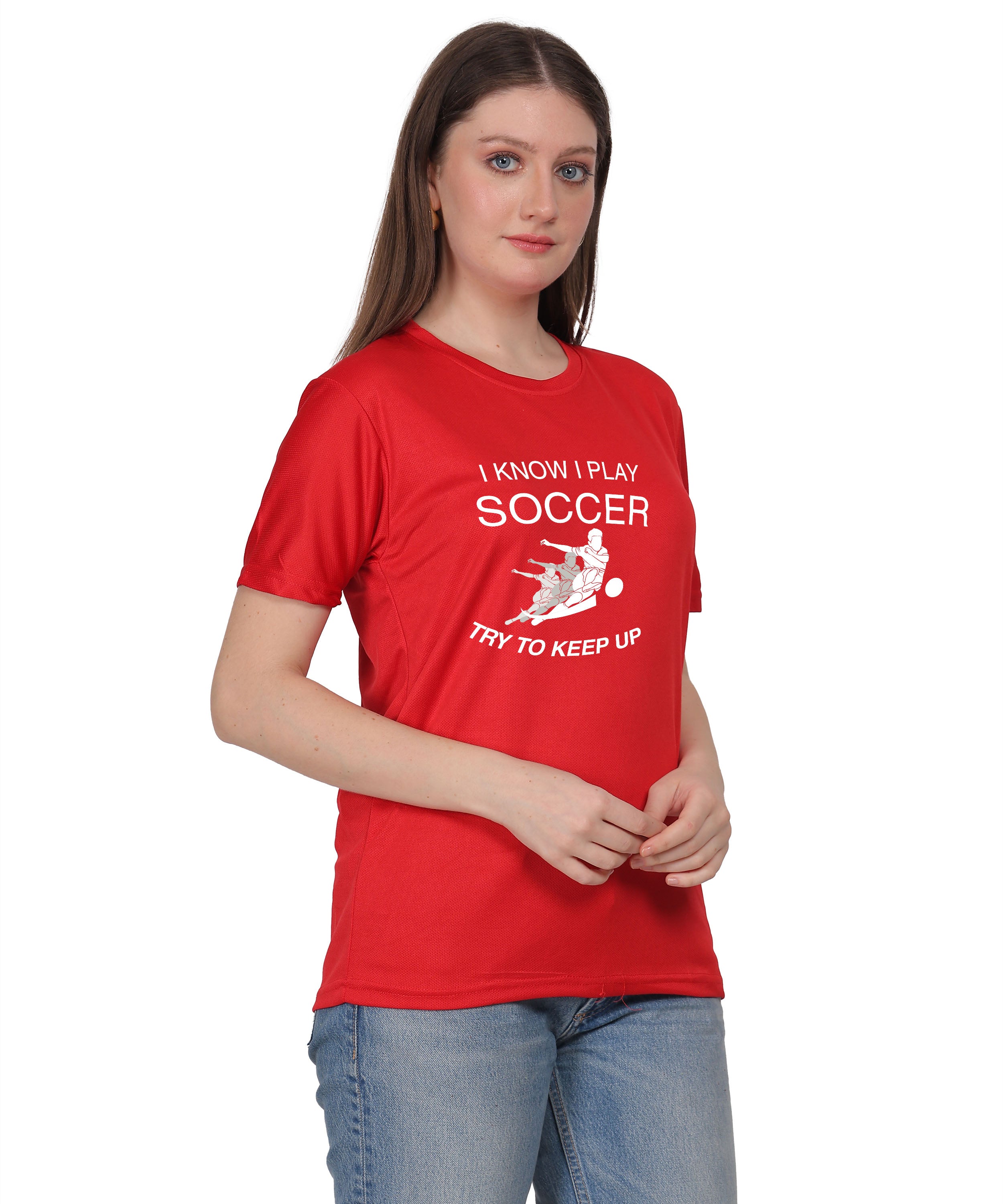 Soccer Graphic T-Shirt, I Know I Play Soccer Try to Keep Up Design, Red, Short Sleeve