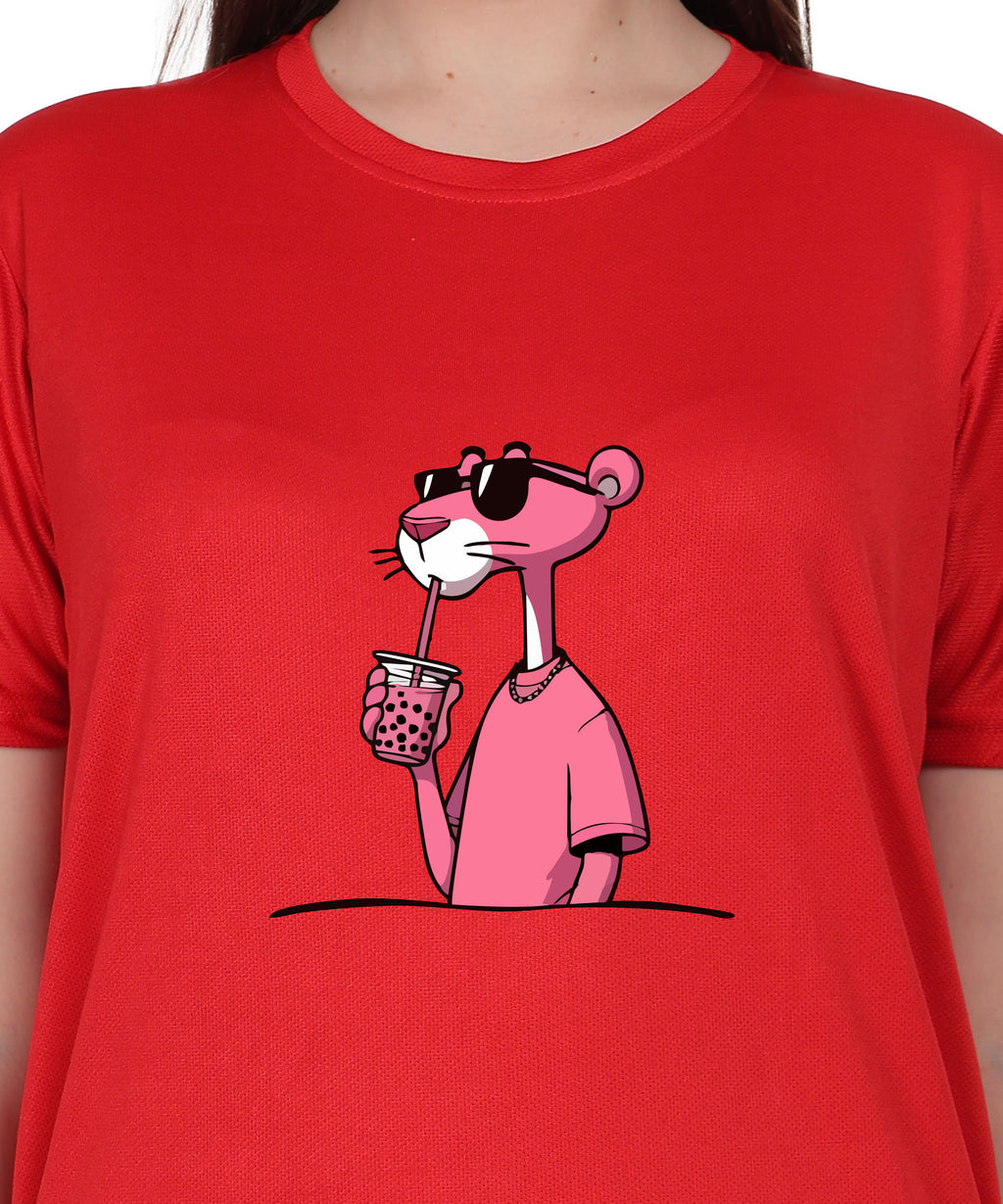 Cool Pink Panther Graphic T-Shirt, Black Cotton, Casual Round Neck