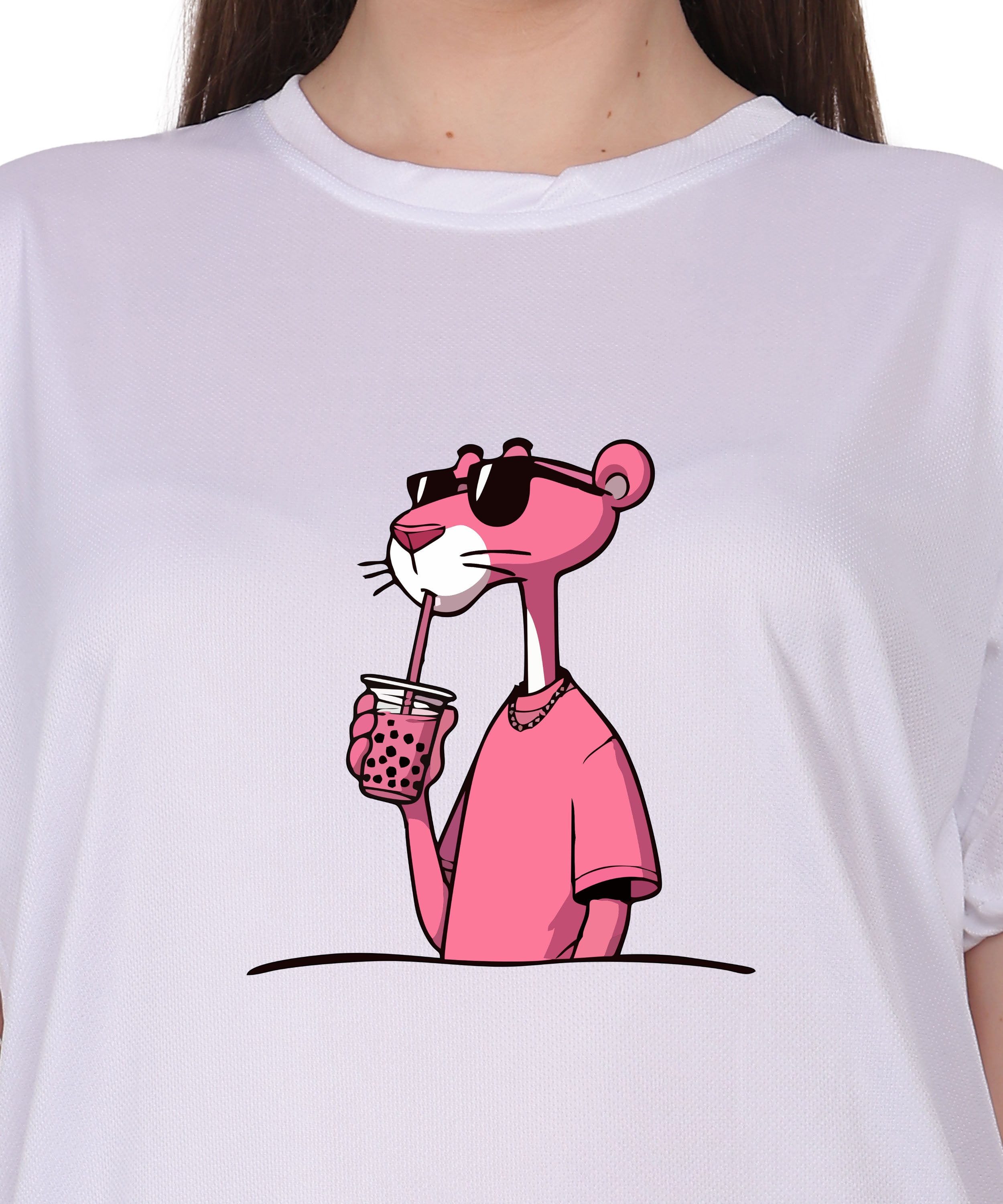 Cool Pink Panther Graphic T-Shirt, Black Cotton, Casual Round Neck