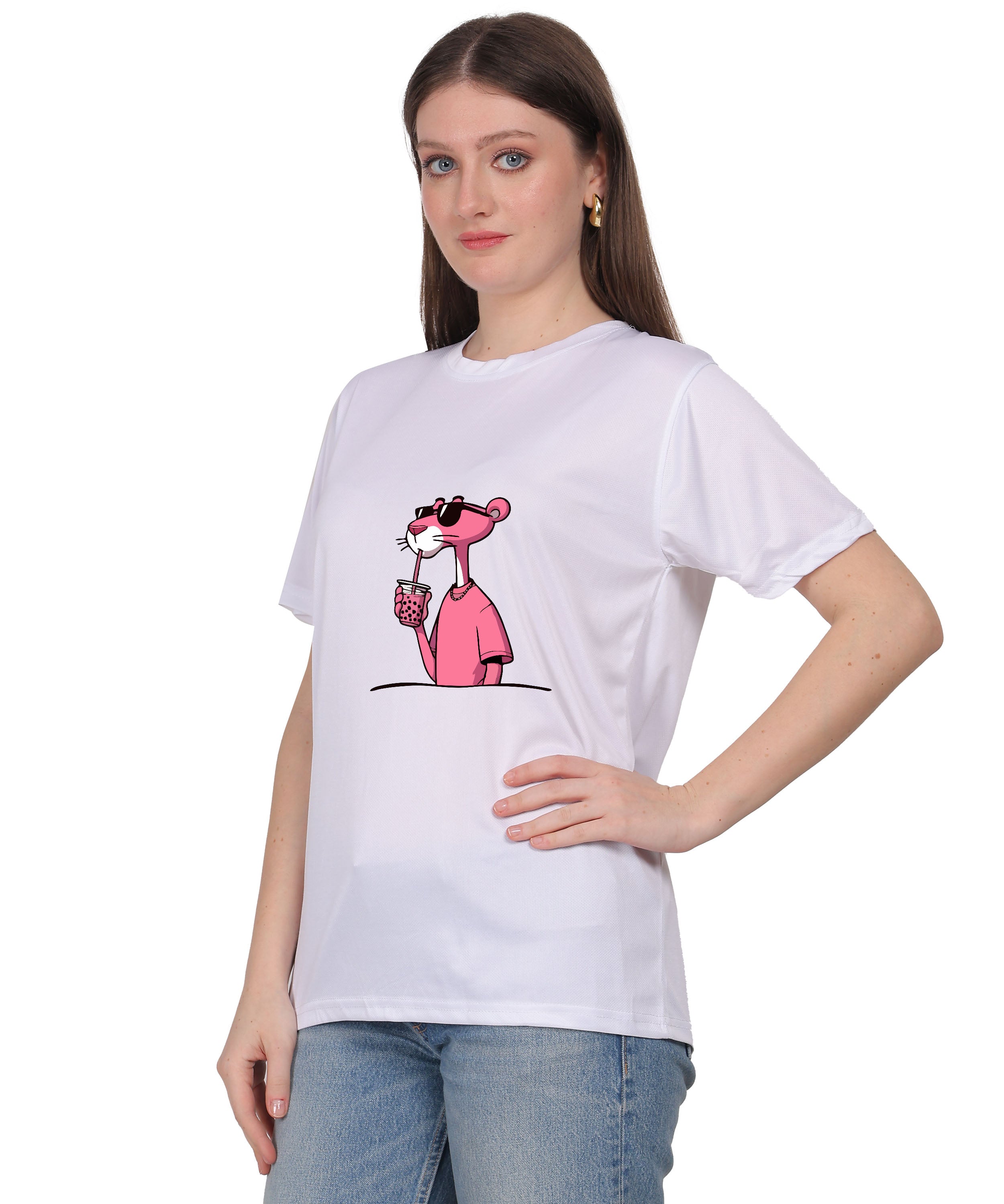 Cool Pink Panther Graphic T-Shirt, Black Cotton, Casual Round Neck
