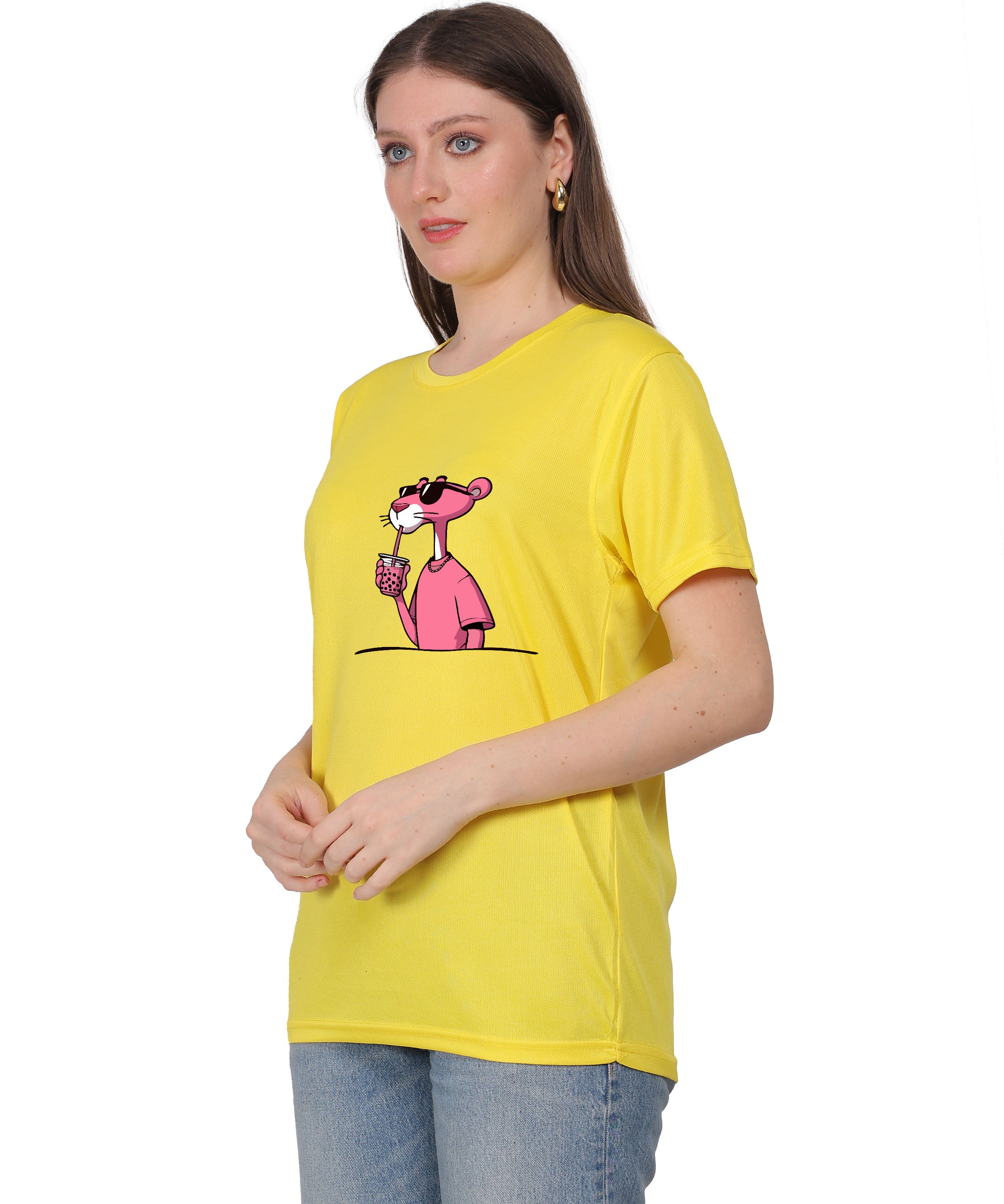 Cool Pink Panther Graphic T-Shirt, Black Cotton, Casual Round Neck