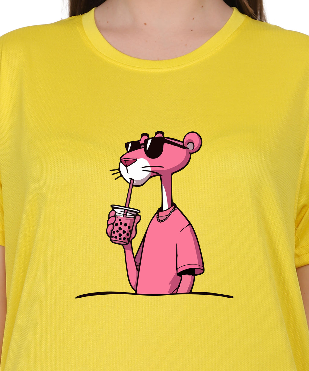 Cool Pink Panther Graphic T-Shirt, Black Cotton, Casual Round Neck