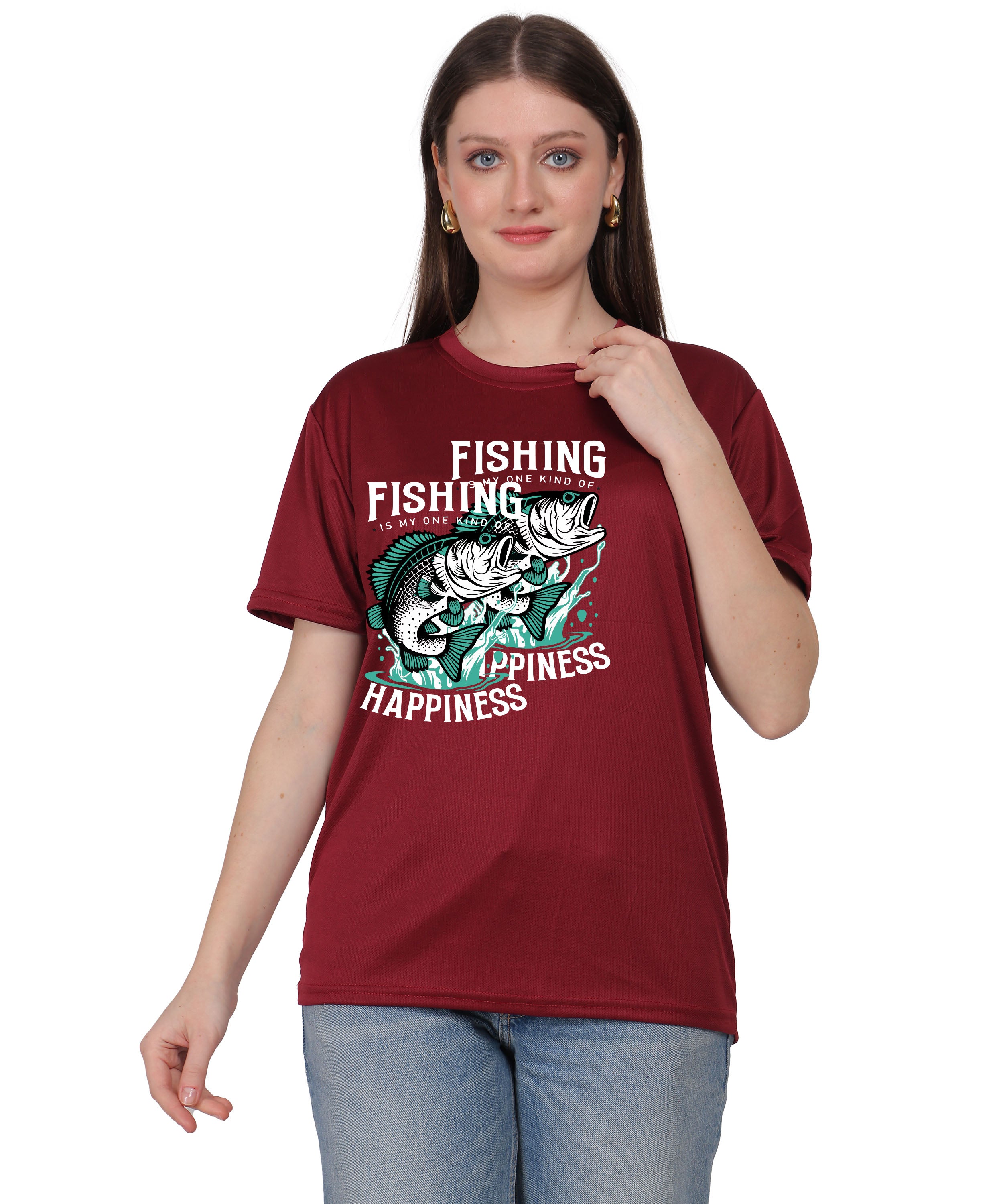 Generic Fishing Happiness Graphic T-Shirt, Black Cotton, Short Sleeve, Regular Fit, Crew Neck