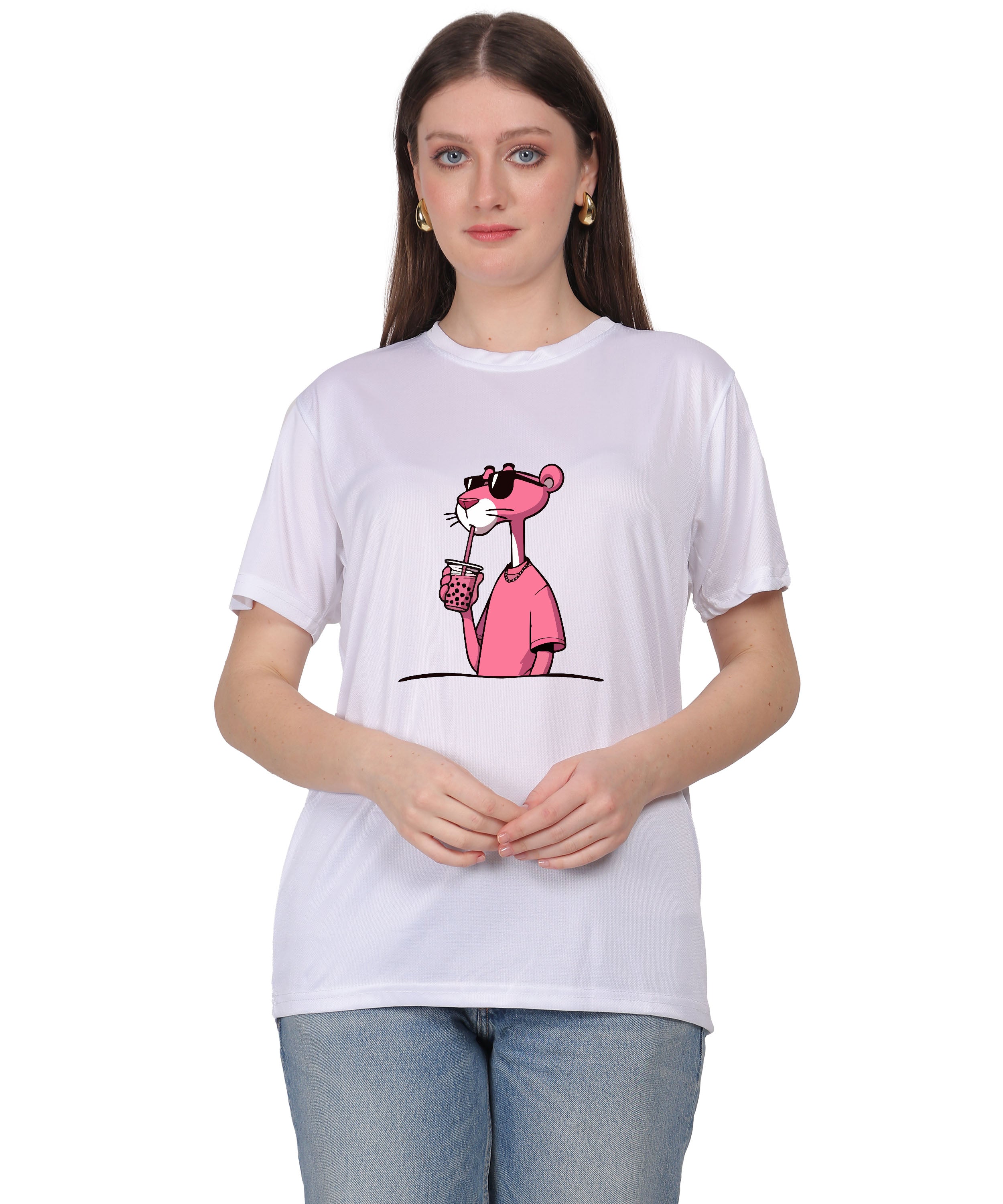 Cool Pink Panther Graphic T-Shirt, Black Cotton, Casual Round Neck