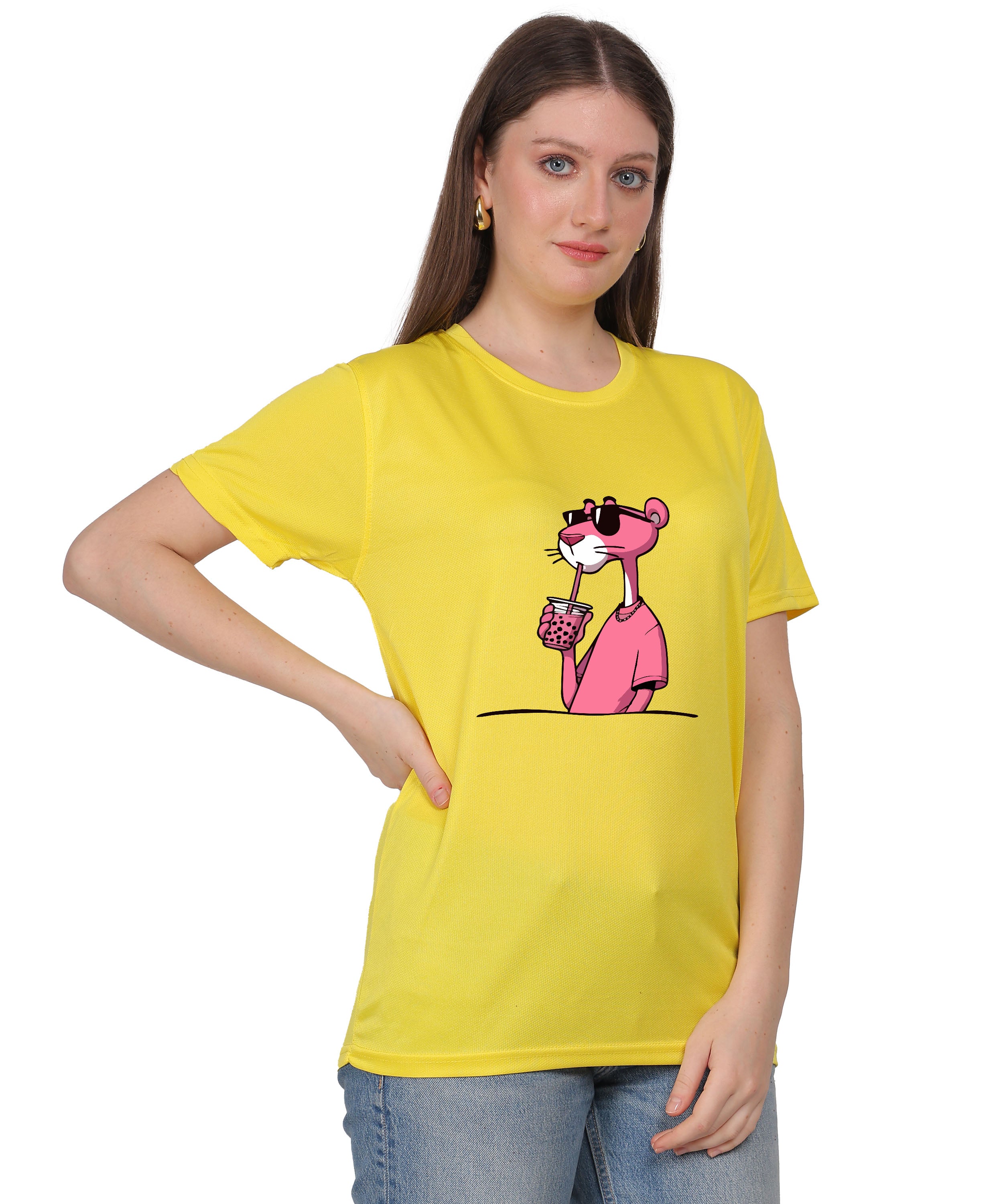 Cool Pink Panther Graphic T-Shirt, Black Cotton, Casual Round Neck