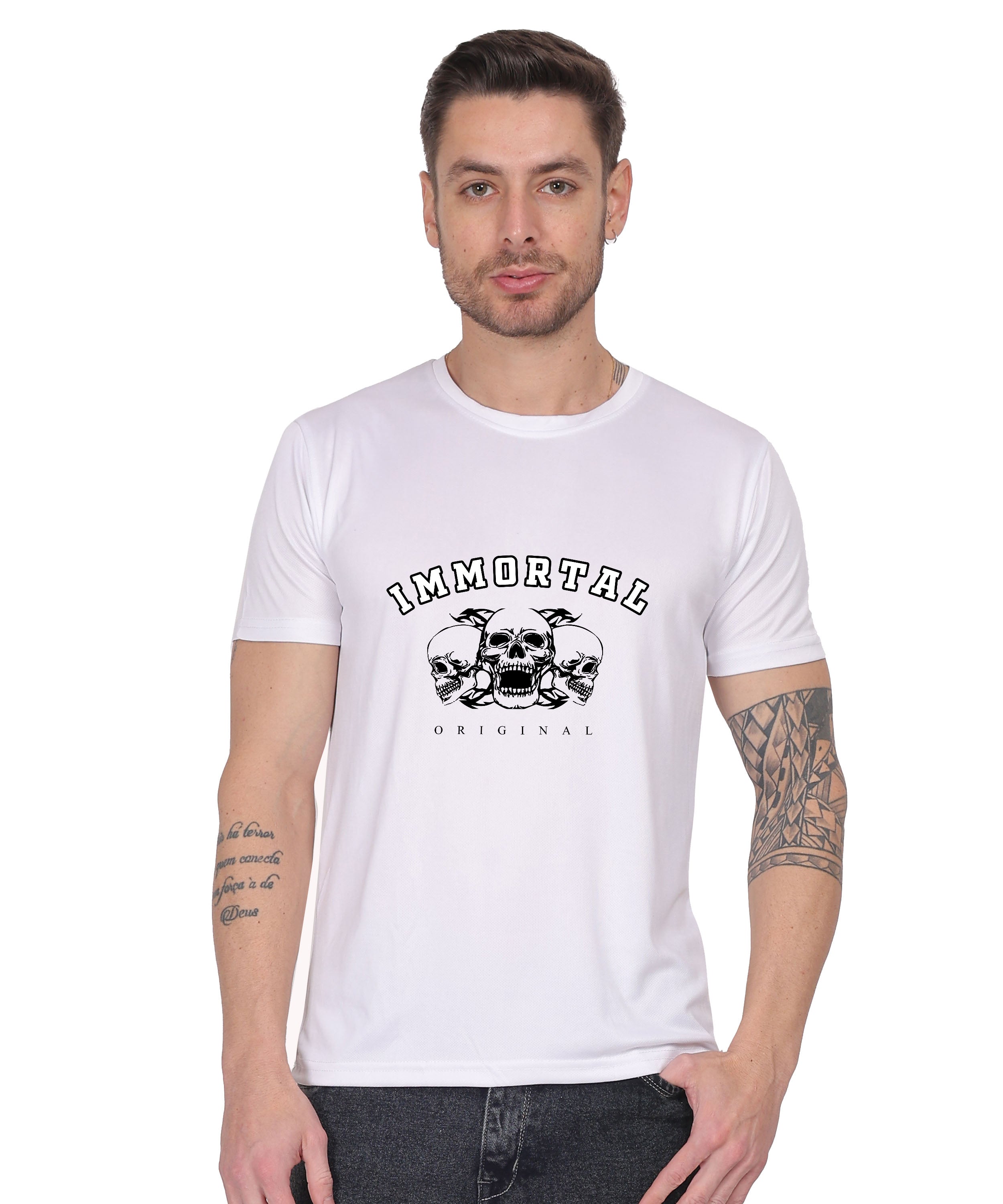 IMMORTAL' skull  Print Cotton T-Shirt, Short Sleeve, Crew Neck, Casual Wear