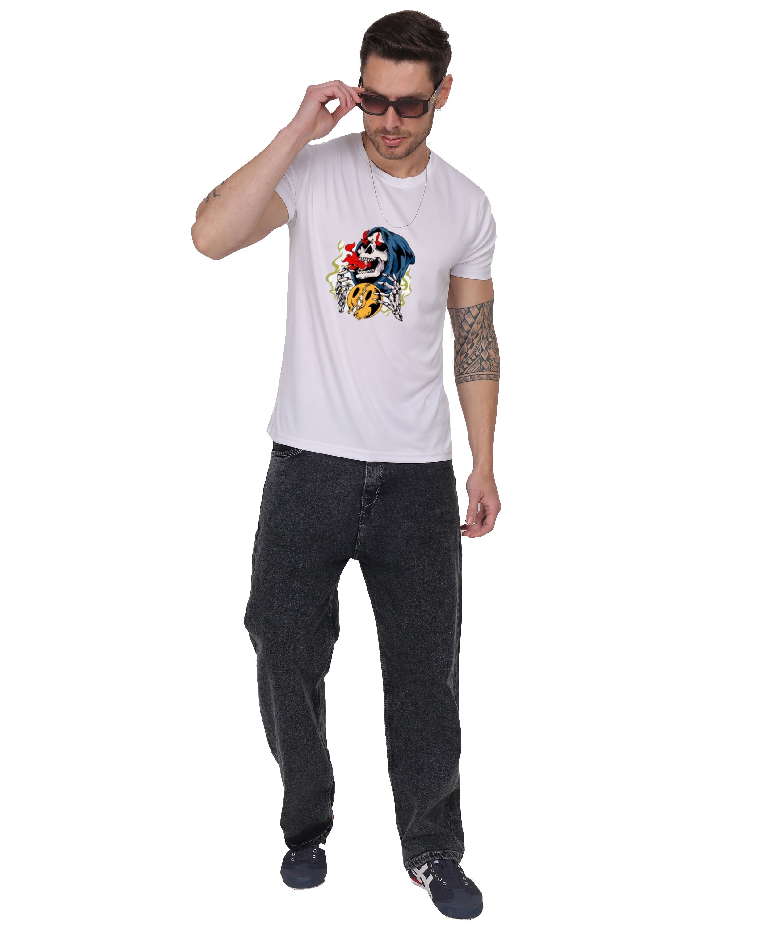Skull Design Graphic T-Shirt, Black Cotton, Round Neck, Short Sleeve, Casual Wear